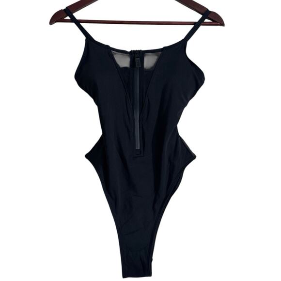 TA3 Black Lace Up Zippy Mesh One Piece Swimsuit Size Small - Picture 1 of 7